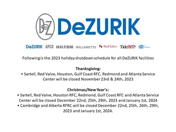 DeZURIK Holiday Shutdown Schedule 2023